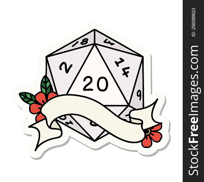 sticker of a natural twenty D20 dice roll. sticker of a natural twenty D20 dice roll
