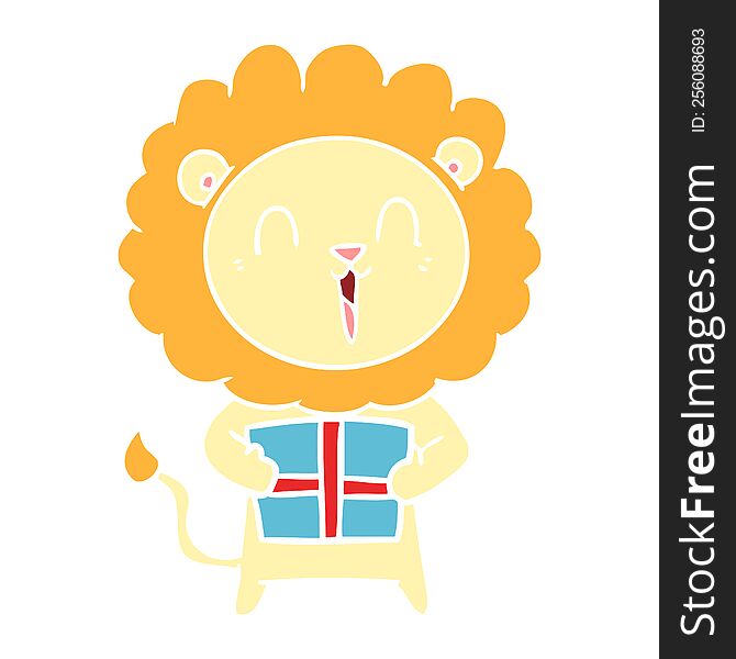 Laughing Lion Flat Color Style Cartoon With Christmas Present