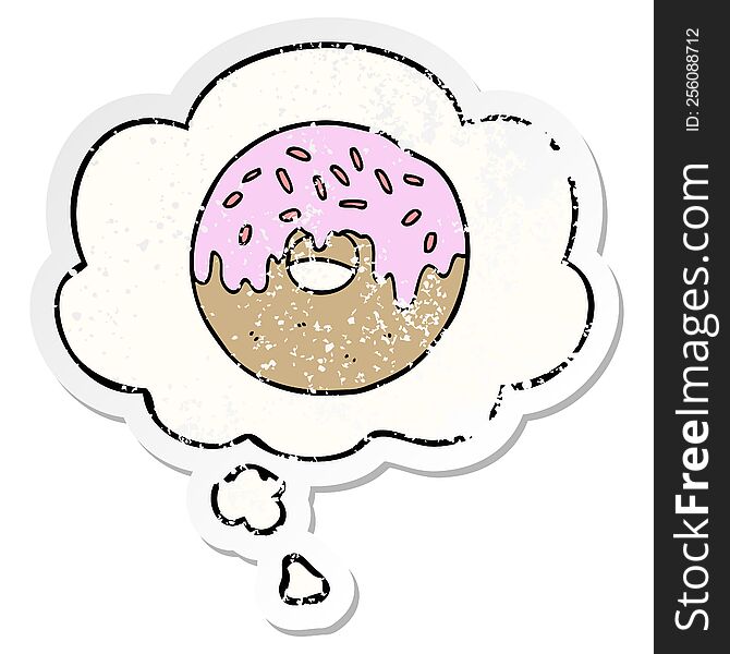 Cartoon Donut And Thought Bubble As A Distressed Worn Sticker