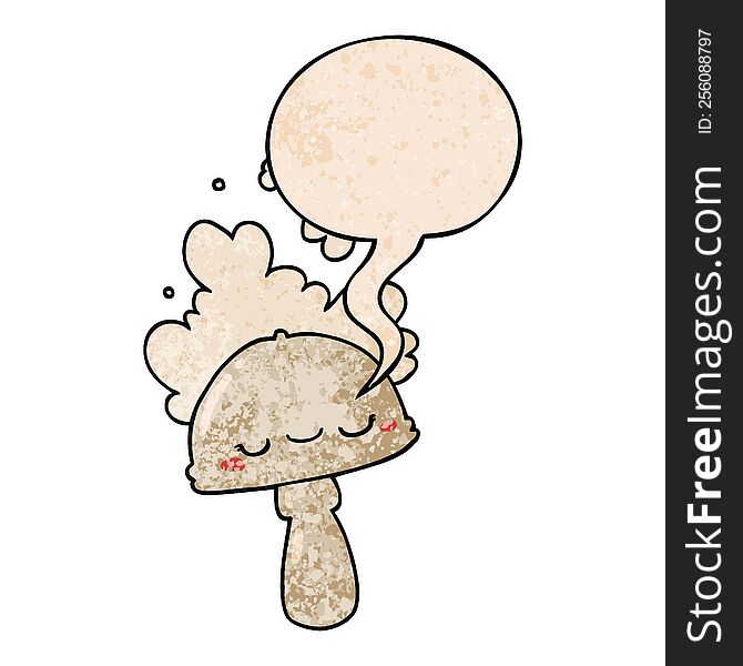 cartoon mushroom with spoor cloud with speech bubble in retro texture style. cartoon mushroom with spoor cloud with speech bubble in retro texture style