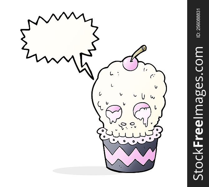 spooky skull cupcake cartoon with speech bubble