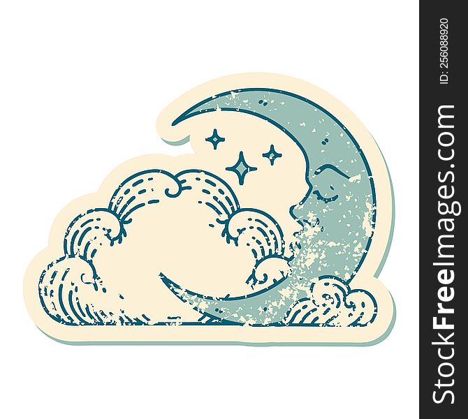 Distressed Sticker Tattoo Style Icon Of A Crescent Moon And Clouds