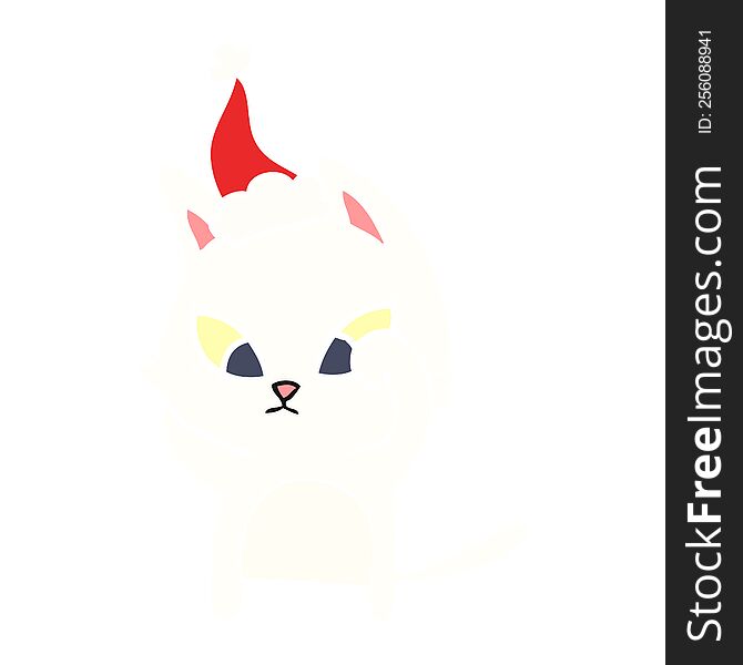 confused hand drawn flat color illustration of a cat wearing santa hat. confused hand drawn flat color illustration of a cat wearing santa hat