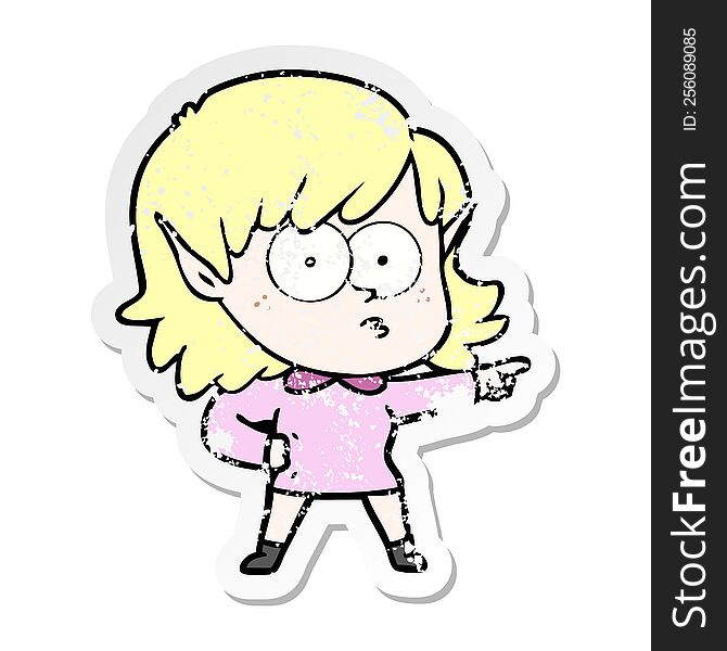 Distressed Sticker Of A Cartoon Elf Girl Staring And Pointing