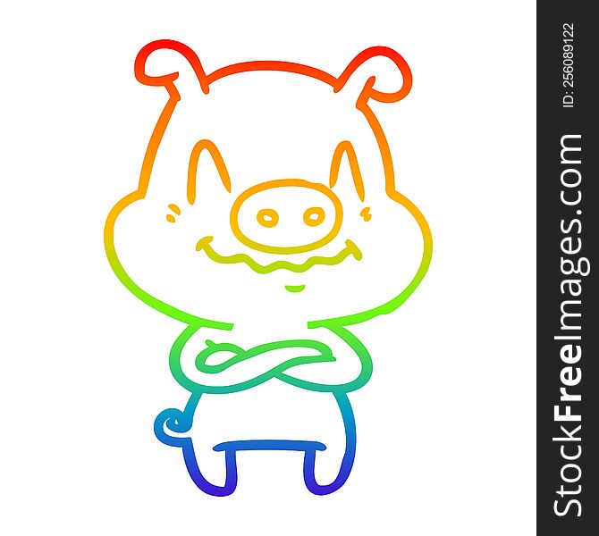 rainbow gradient line drawing of a nervous cartoon pig
