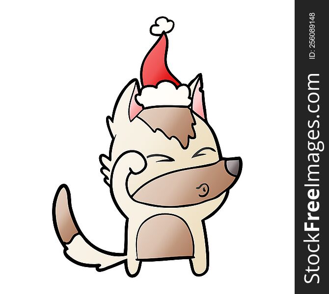 Gradient Cartoon Of A Wolf Pouting Wearing Santa Hat