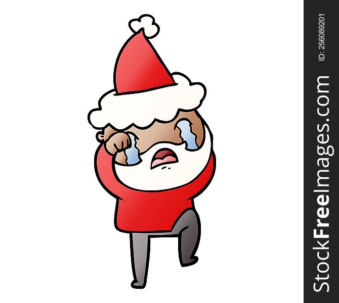 hand drawn gradient cartoon of a bearded man crying and stamping foot wearing santa hat