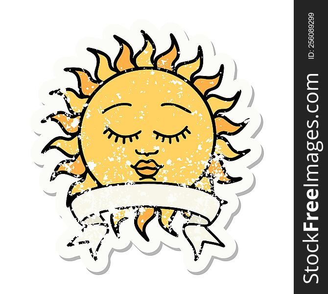 Grunge Sticker With Banner Of A Sun With Face