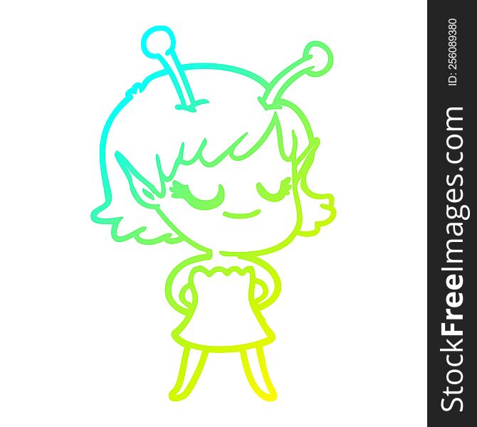 cold gradient line drawing of a smiling alien girl cartoon