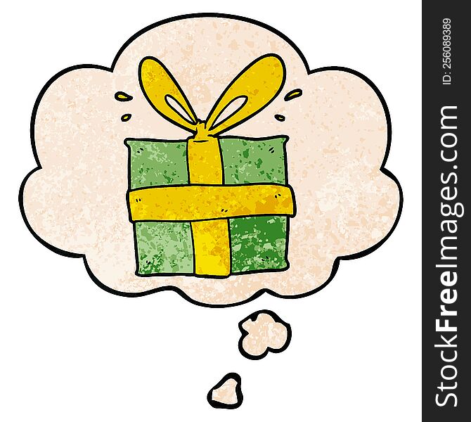 Cartoon Wrapped Gift And Thought Bubble In Grunge Texture Pattern Style