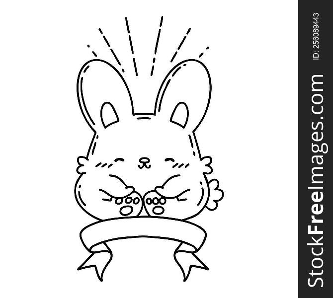 Banner With Black Line Work Tattoo Style Happy Rabbit