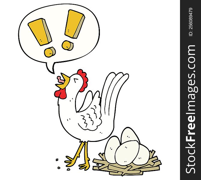 cartoon chicken laying egg with speech bubble