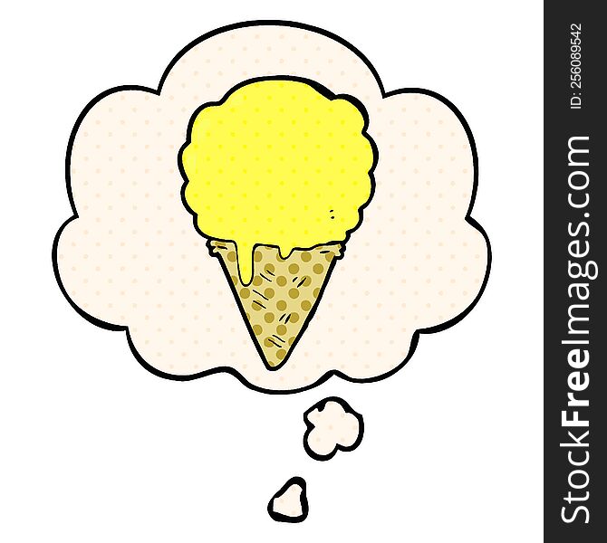 cartoon ice cream with thought bubble in comic book style