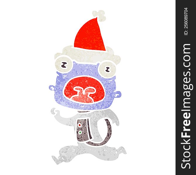 Retro Cartoon Of A Weird Alien Running Away Wearing Santa Hat