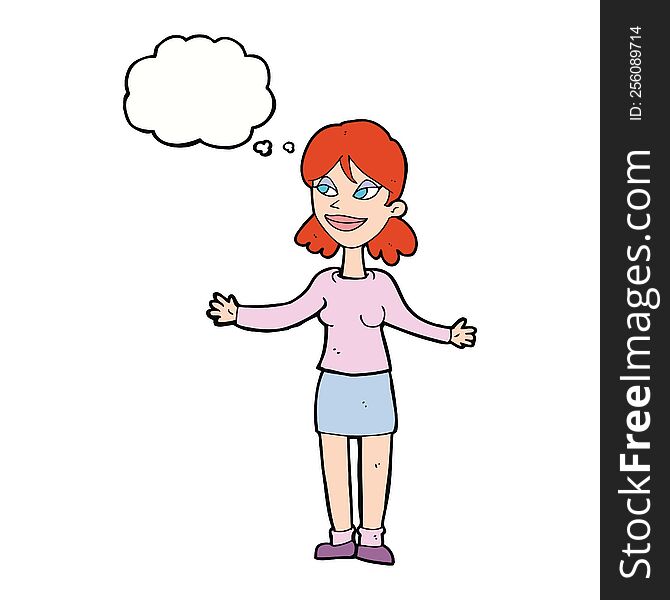 Cartoon Happy Woman Shrugging Shoulders With Thought Bubble