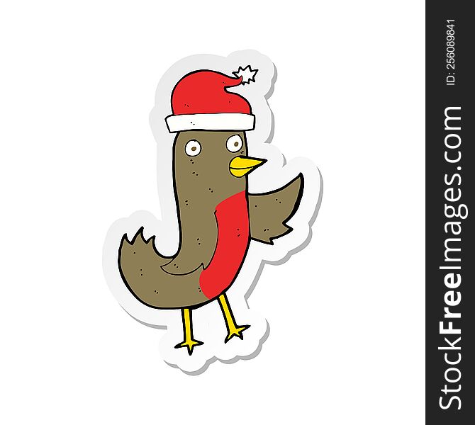 Sticker Of A Cartoon Christmas Robin Wearing Hat
