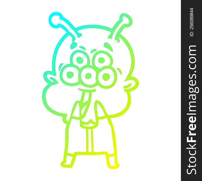 cold gradient line drawing of a happy cartoon alien gasping in surprise