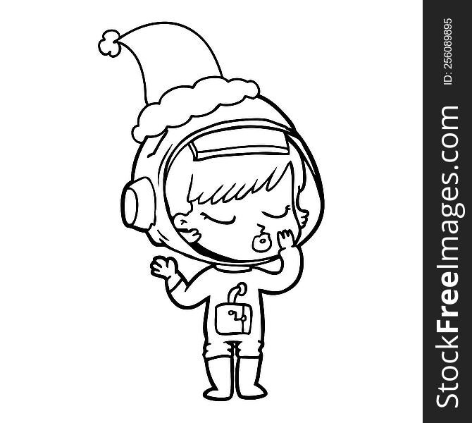 Line Drawing Of A Pretty Astronaut Girl Wearing Santa Hat