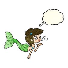 Cartoon Mermaid Blowing Kiss With Thought Bubble Stock Photography