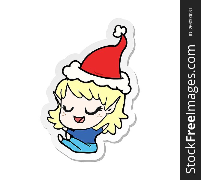 happy hand drawn sticker cartoon of a elf girl sitting wearing santa hat. happy hand drawn sticker cartoon of a elf girl sitting wearing santa hat
