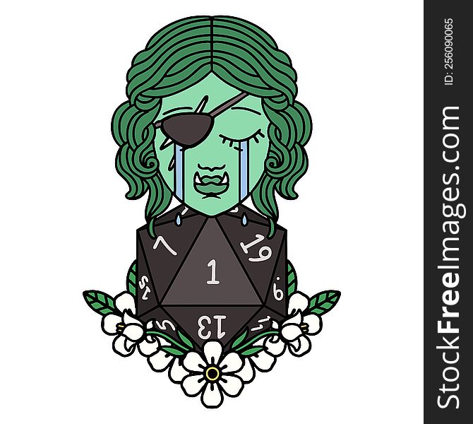Crying Half Orc Rogue Character With Natural One D20 Roll Illustration