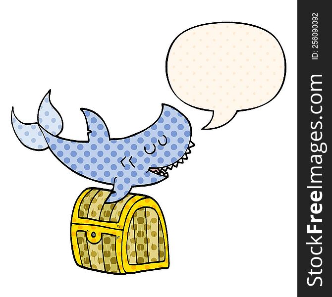 cartoon shark swimming over treasure chest with speech bubble in comic book style
