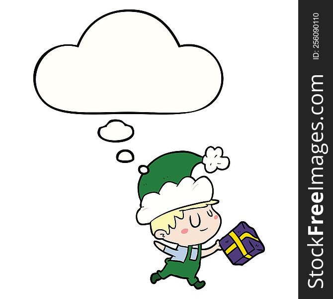 cartoon happy christmas elf with thought bubble
