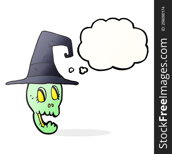 freehand drawn thought bubble cartoon skull wearing witch hat