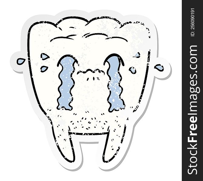 Distressed Sticker Of A Cartoon Tooth Crying