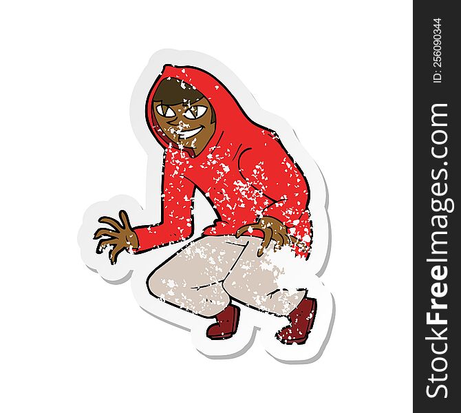 retro distressed sticker of a cartoon mischievous boy in hooded top