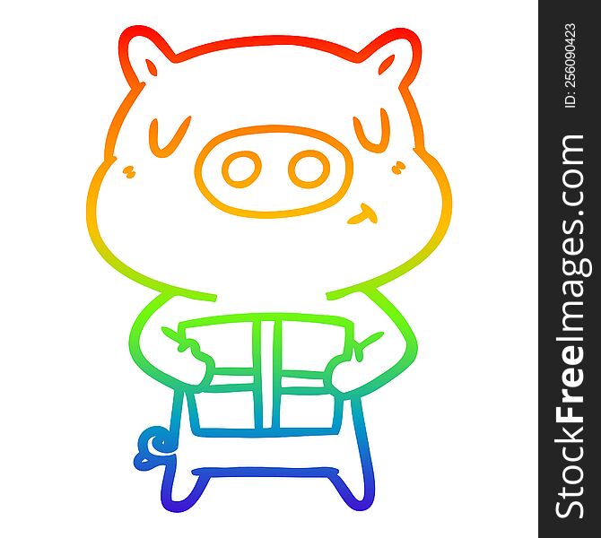 rainbow gradient line drawing of a cartoon christmas pig