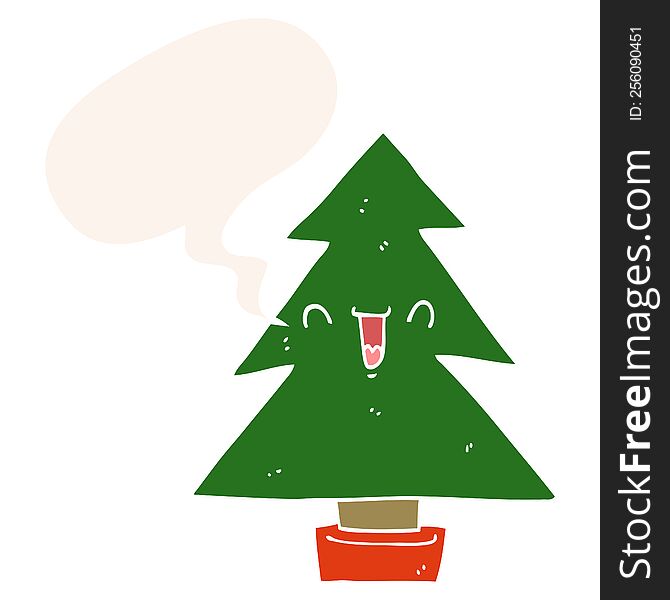 cartoon christmas tree with speech bubble in retro style