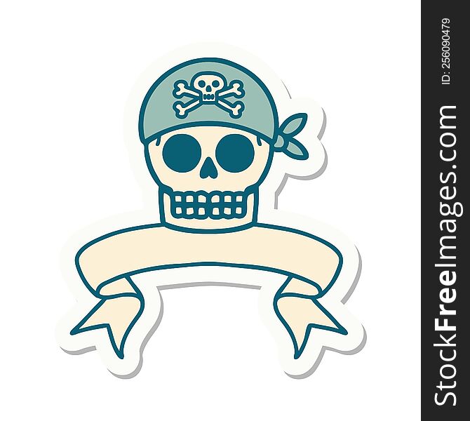 tattoo style sticker with banner of a pirate skull