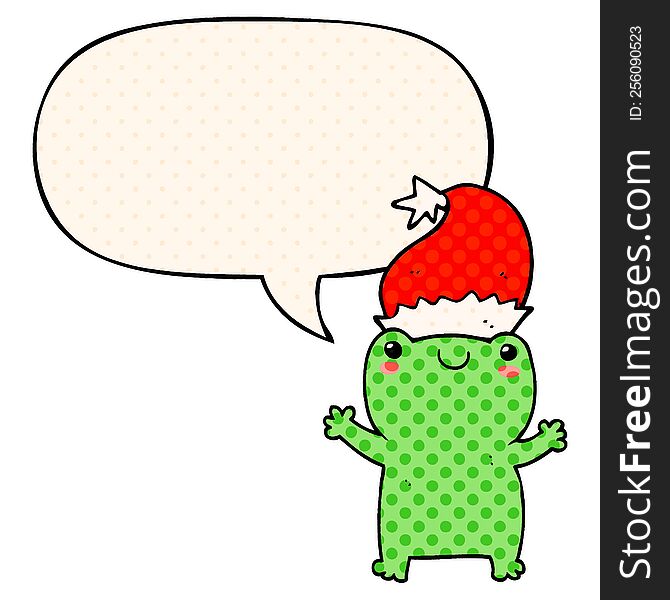cute christmas frog with speech bubble in comic book style