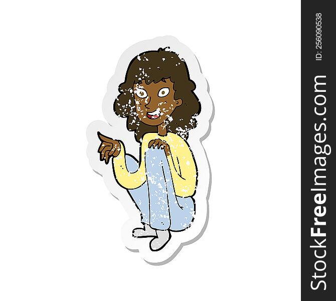 Retro Distressed Sticker Of A Cartoon Happy Woman Sitting And Pointing
