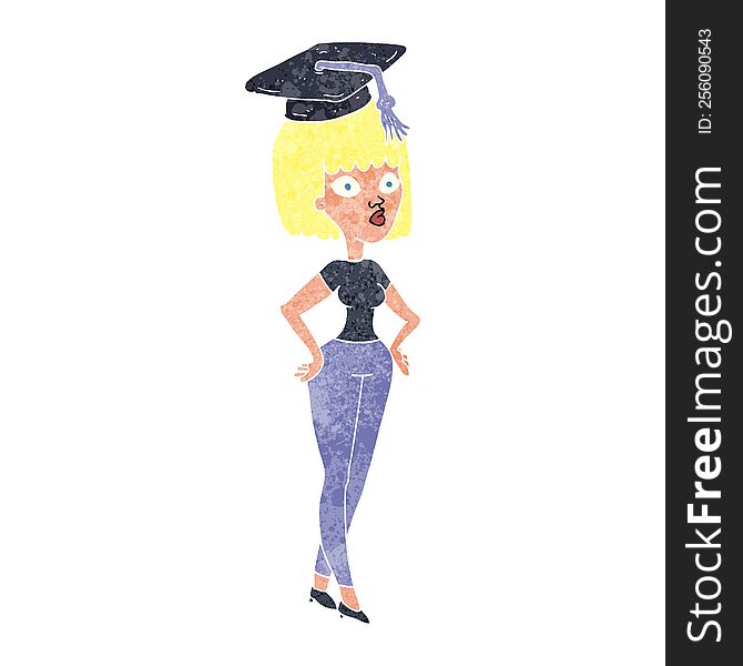 freehand retro cartoon woman with graduation cap
