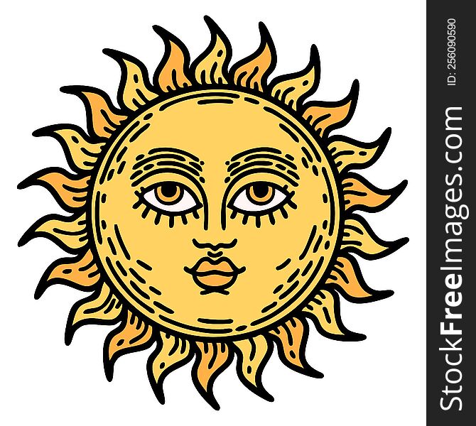 tattoo in traditional style of a sun with face. tattoo in traditional style of a sun with face