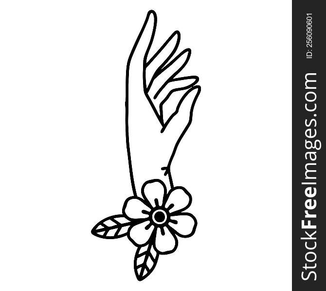 tattoo in black line style of a hand and flower. tattoo in black line style of a hand and flower