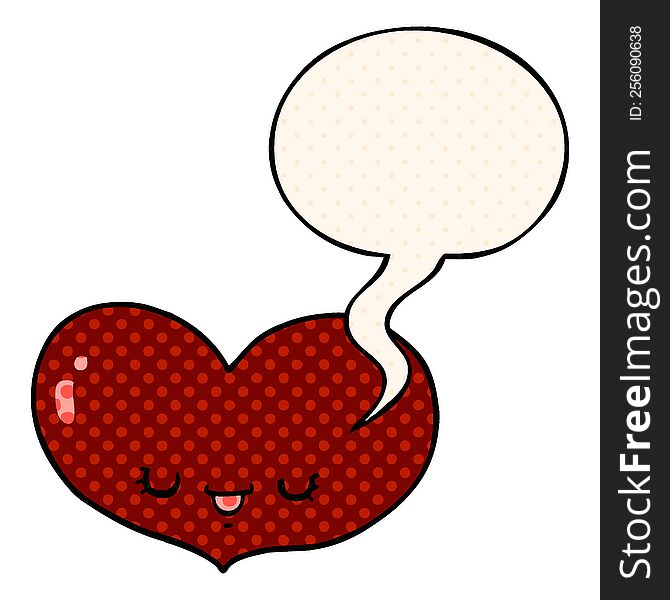 cartoon love heart character with speech bubble in comic book style