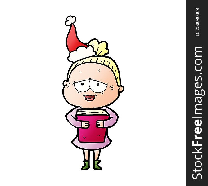 Gradient Cartoon Of A Happy Old Lady Wearing Santa Hat