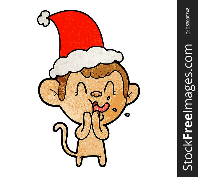 crazy hand drawn textured cartoon of a monkey wearing santa hat. crazy hand drawn textured cartoon of a monkey wearing santa hat