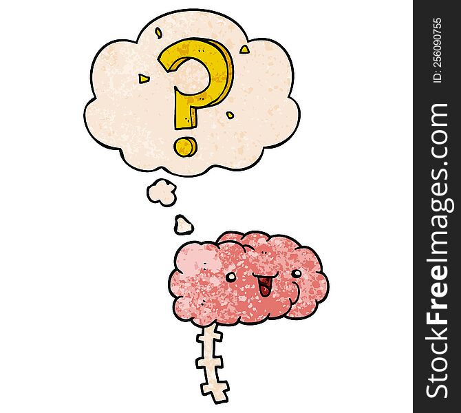 Cartoon Curious Brain And Thought Bubble In Grunge Texture Pattern Style