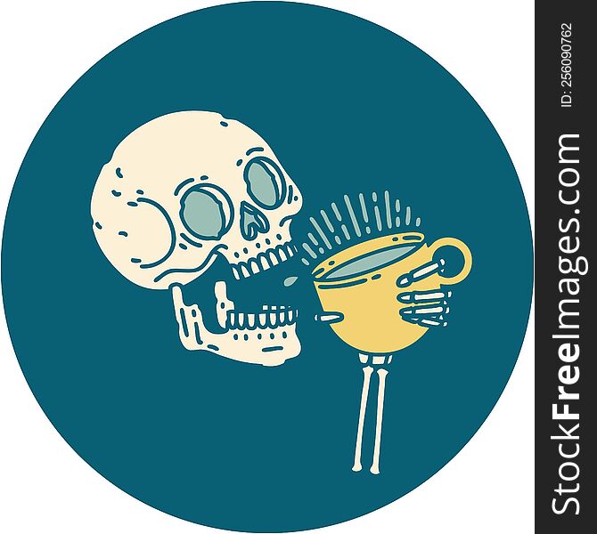 iconic tattoo style image of a skull drinking coffee. iconic tattoo style image of a skull drinking coffee