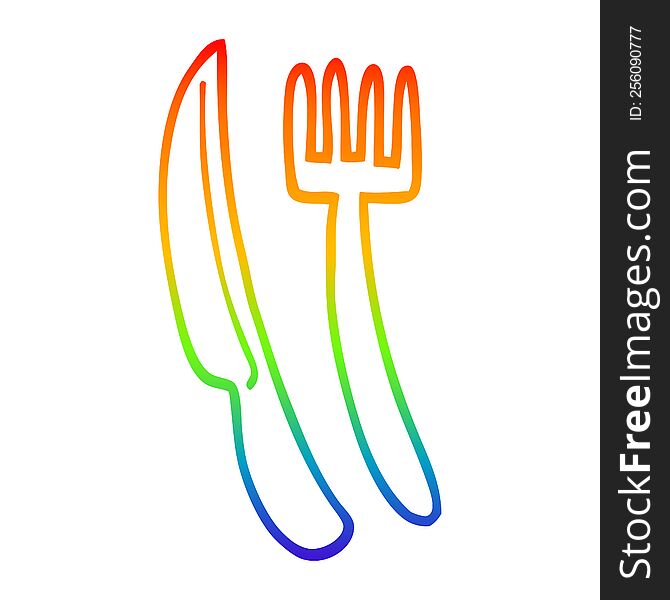rainbow gradient line drawing of a cartoon knife and fork