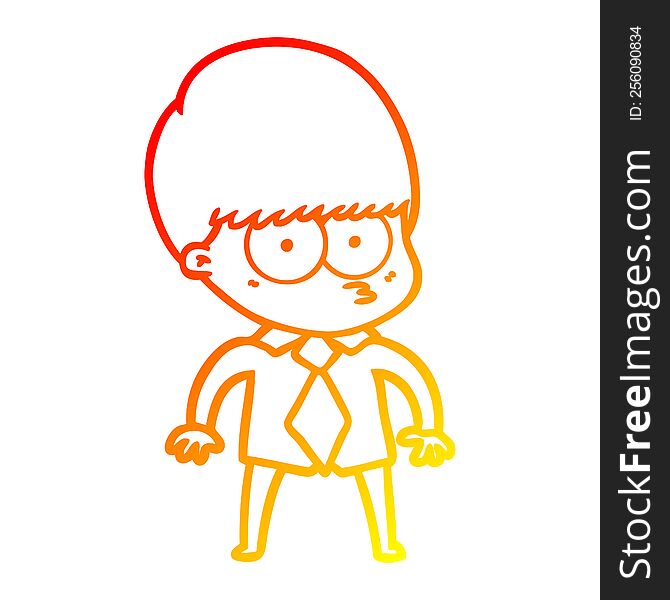 warm gradient line drawing of a nervous cartoon boy wearing shirt and tie