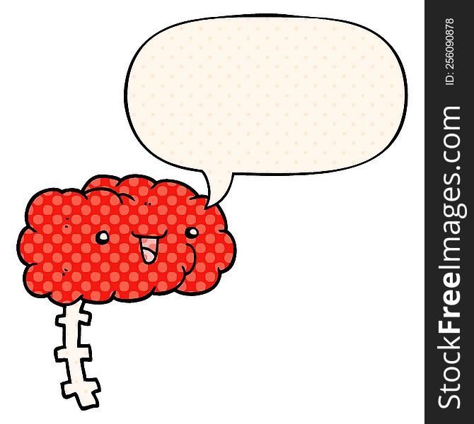 happy cartoon brain with speech bubble in comic book style