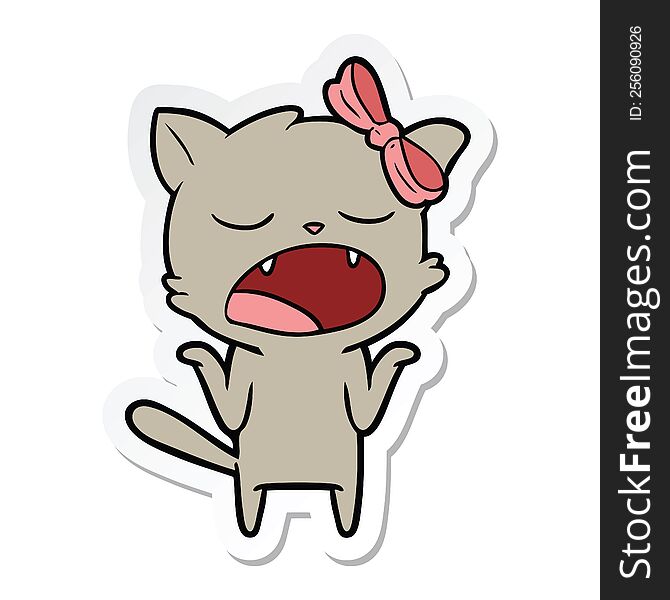 sticker of a cartoon yawning cat shrugging shoulders