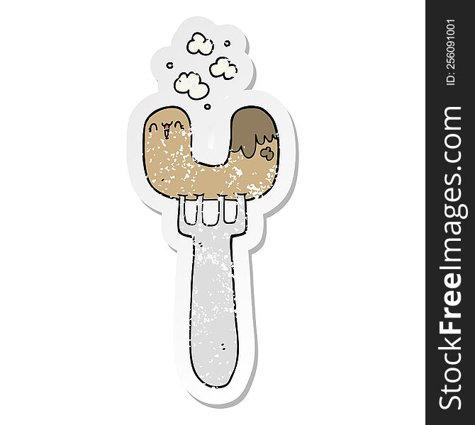 Distressed Sticker Of A Cartoon Sausage On Fork