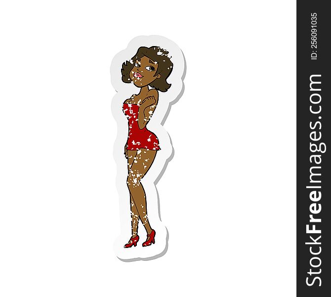 retro distressed sticker of a cartoon attractive woman in short dress