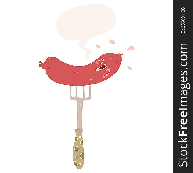 Cartoon Happy Sausage On Fork And Speech Bubble In Retro Style